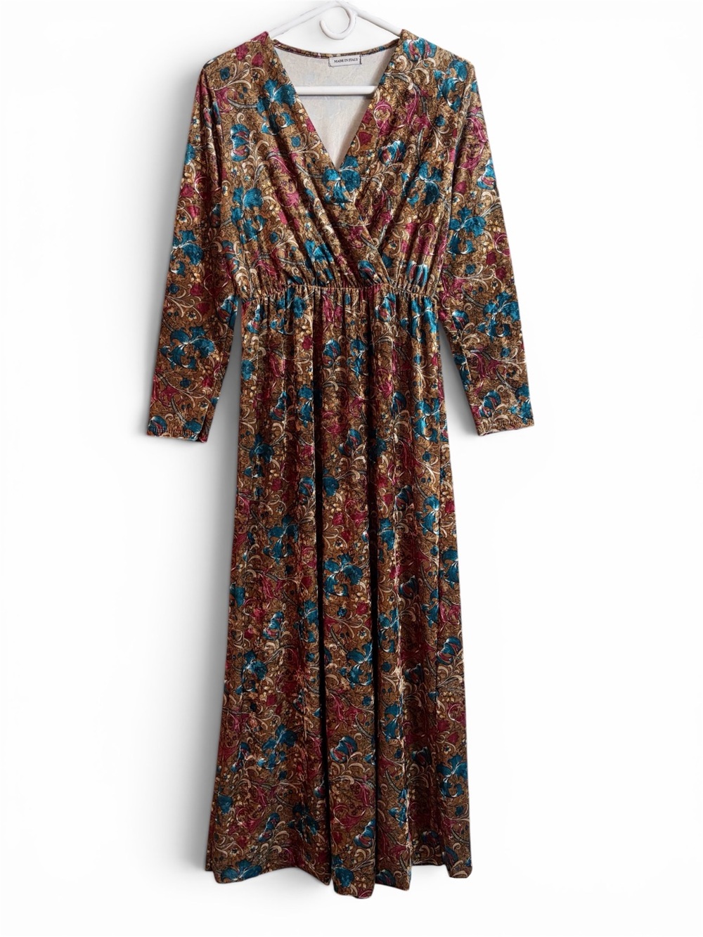 H&T Made In Italy Velour Velvet Bohemian Long Sleeve Floral Dress